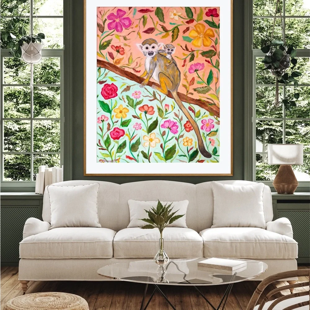 Squirrel Monkeys Art Print Oil Painting tropical floral botanical animal decor - Picture 6 of 9